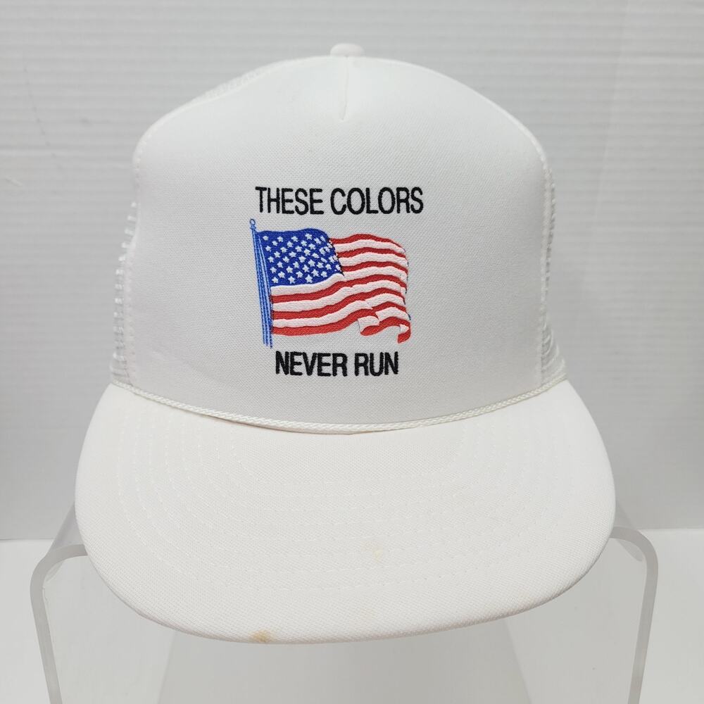 "These Colors Never Run" USA Flag Trucker Hat Snapback Cap White Rope Patriotic